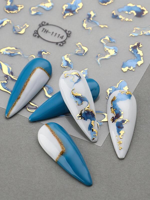 1pc Asymmetric Nail Sticker Back Adhesive Nail Sticker Decal Nail Flat Decoration European And American Wind Blue Smudged Nail Decal, DIY Nail Decoration Nail Charms Nail Supplies Nail Stickers