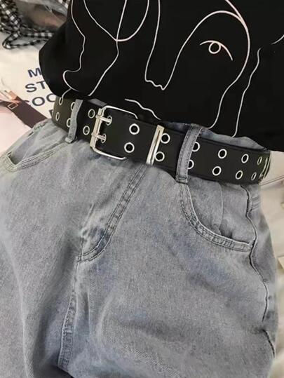 1 pieza Cinturón cuadrado con ojetes y hebilla punk para decoración de ropa de mujer, para uso en verano, escuela, otoño y Halloween