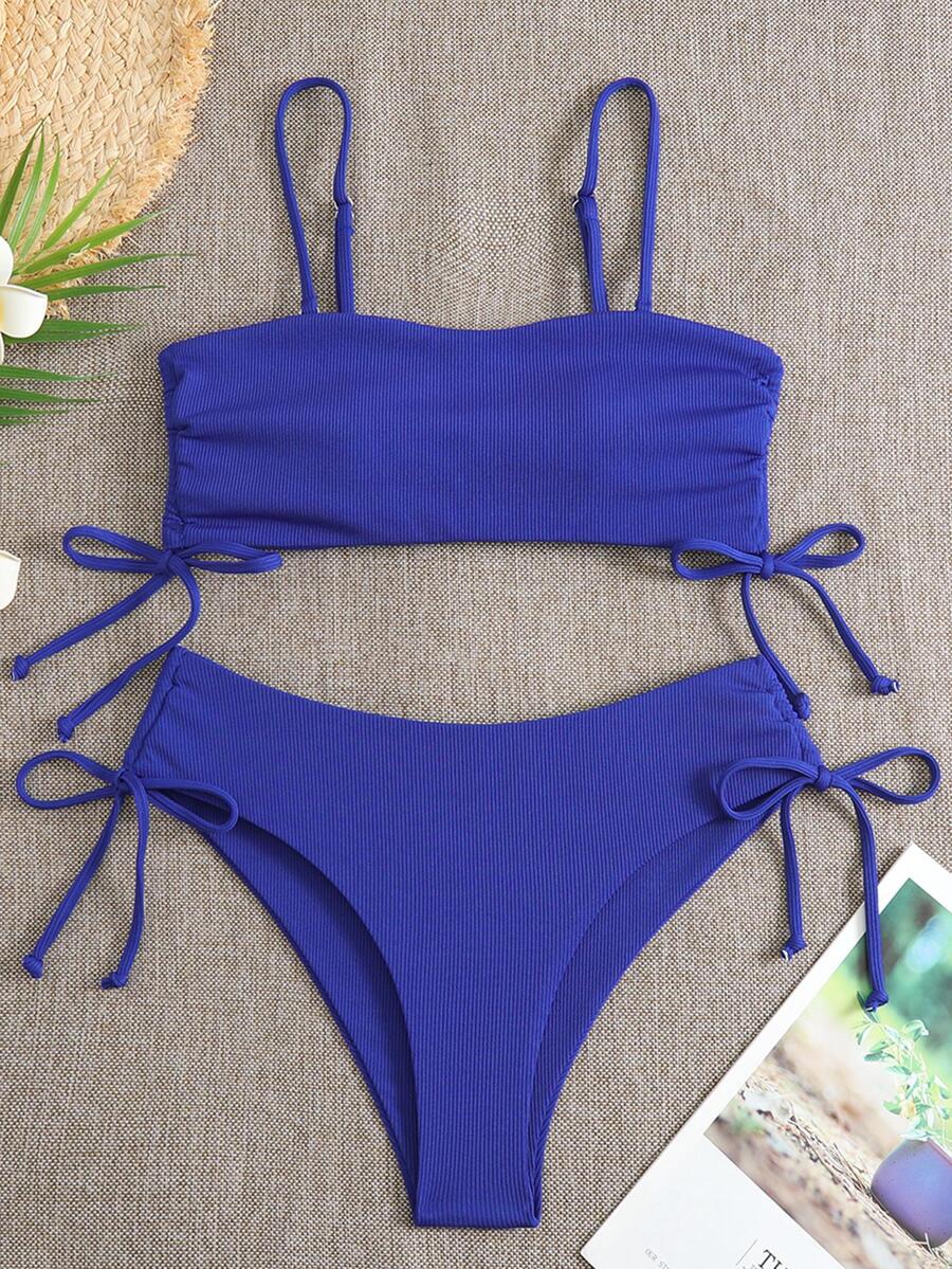 Bikini thể thao Nữ Thắt nút màu trơn - Xanh đậm - Xem 1