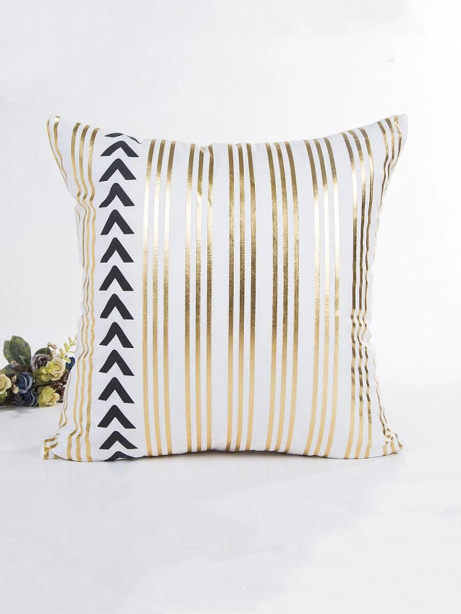 1pc Stripe Design Pillow Cover With Gold Foil Printing - Gold - View 1
