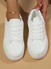 Women Solid Non Slip Breathable Lace Up Casual Shoes, Sporty Outdoor Skate Shoes - White - View 1