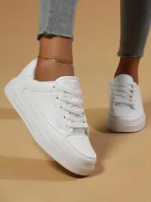 Women Solid Non Slip Breathable Lace Up Casual Shoes, Sporty Outdoor Skate Shoes - White - View 4
