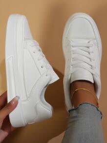 Women Solid Non Slip Breathable Lace Up Casual Shoes, Sporty Outdoor Skate Shoes - White - View 3