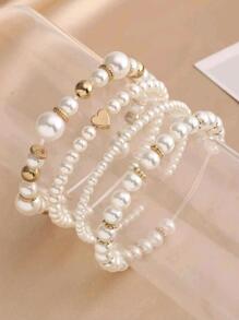 4 Piezas/set Pulsera Con Cuentas De Cadena De Corazones De Perlas Falsas - Blanco - Ver 1