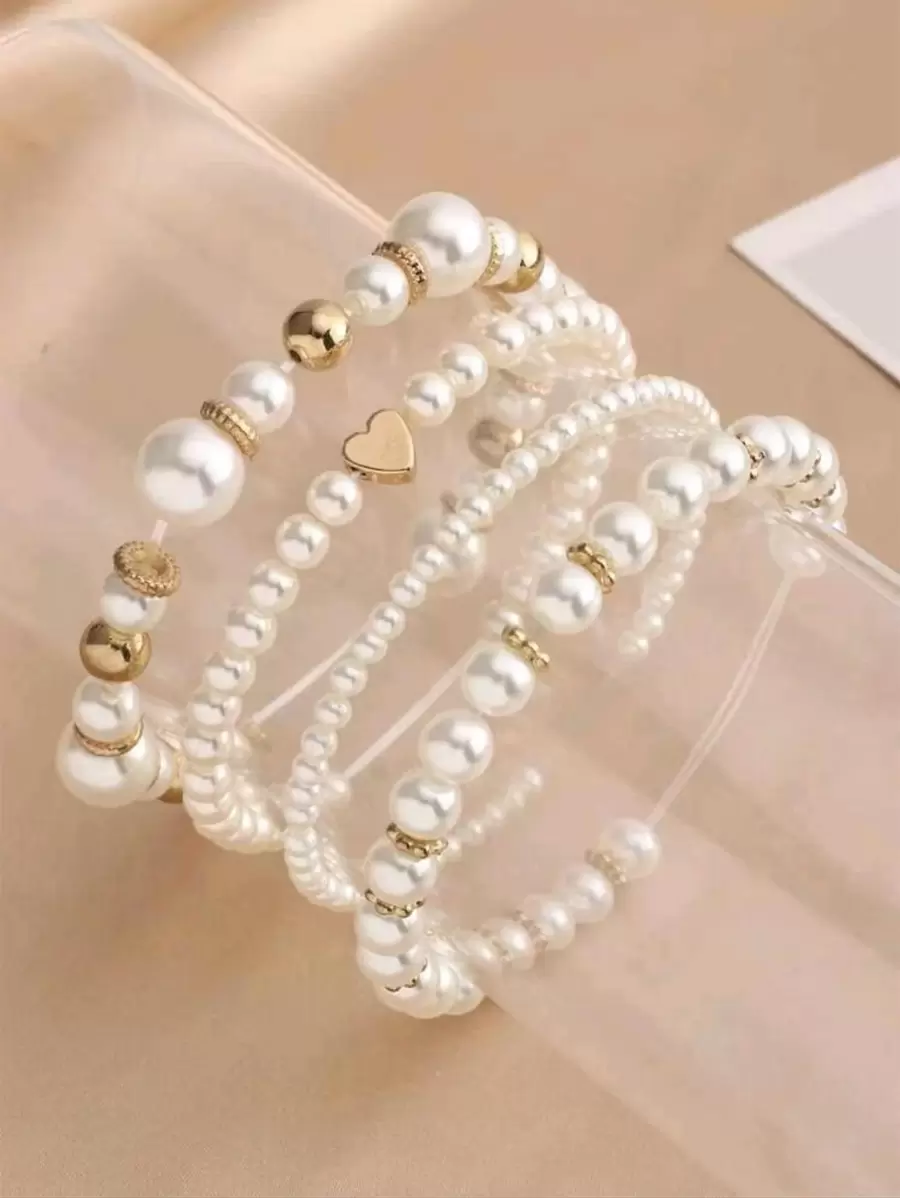 4 Piezas/set Pulsera Con Cuentas De Cadena De Corazones De Perlas Falsas - Blanco - Ver 1