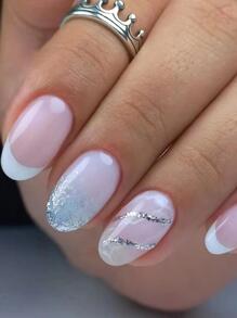 24 件银色闪光漩涡短椭圆法式全覆盖假指甲套装，提升您的风格，按压式指甲，美甲用品，指甲 - 彩色 - 查看 1