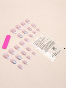 24 件银色闪光漩涡短椭圆法式全覆盖假指甲套装，提升您的风格，按压式指甲，美甲用品，指甲 - 彩色 - 查看 2