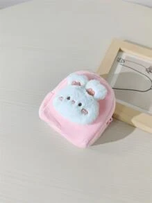 兒童毛茸茸卡通兔頭裝飾滌綸拉鍊可愛零錢包 - 粉色 - 查看 2