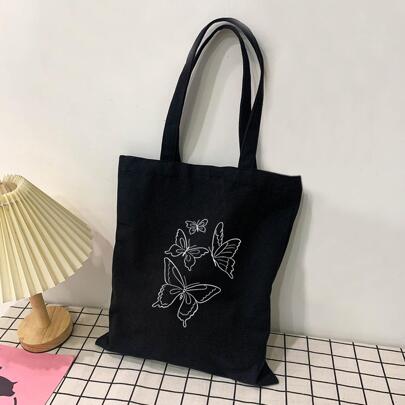 패션적이고 단순한 나비와 선 패턴이 프린트된 캔버스 토트백 학생가방, 대용량, 휴대성, 접이식, 클래식 캐주얼, 틴걸, 걸, 대학생에게 적합, 학교 복귀, 대학, 중고등학교에 완벽한 나비 가방