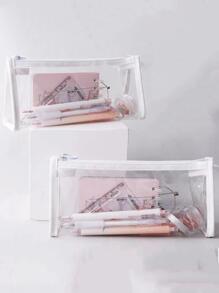 1pc 学生文具收纳 PVC透明包 Ins 风格化妆包 透明拉链考试铅笔袋 透明色 - 無色 - 查看 1
