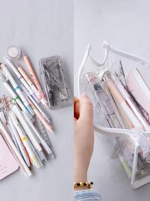 1pc 学生文具收纳 PVC透明包 Ins 风格化妆包 透明拉链考试铅笔袋 透明色 - 無色 - 查看 6
