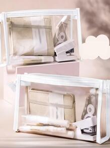 1pc 学生文具收纳 PVC透明包 Ins 风格化妆包 透明拉链考试铅笔袋 透明色 - 無色 - 查看 2