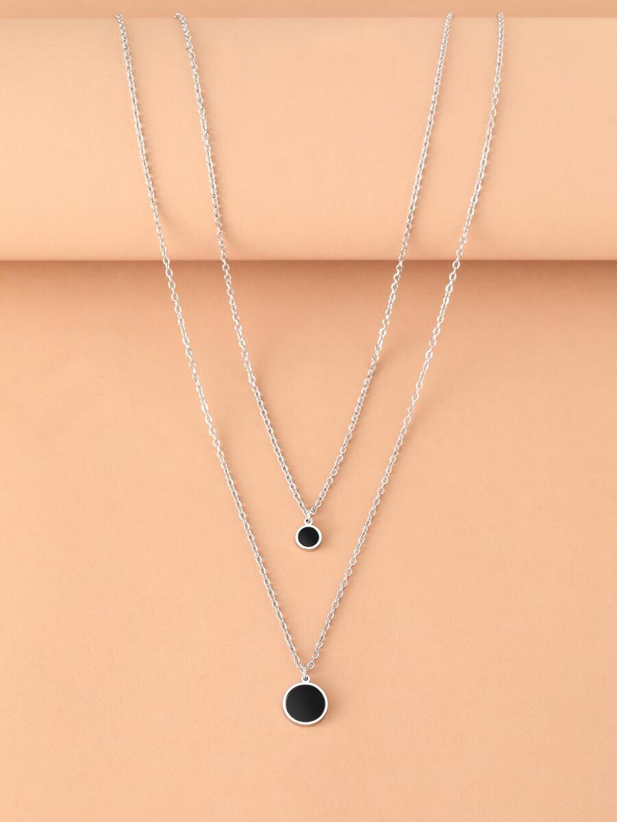 Aomogo Edelstahl Halsketten mit schwarzen Acryl-Scheiben Anhängern, Kette Choker, koreanische Mode Mehrschicht Halsketten als Schmuckgeschenke für Frauen - Silber - Übersicht 1