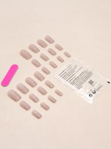 24入組優雅短方形粉色閃爍假指甲,附1支指甲檔和1支果凍膠 - 彩色 - 查看 2