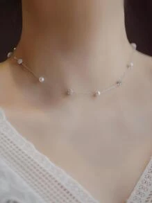 1pc S925 Silver Dainty Elegant Collarbone Necklace, Simple Yet Versatile, Unique Y-Shaped Necklace With Alternating Pearl & Rhinestone Ball Pendants, Ideal As Gift For Girlfriend Or Special Occasions Holiday - Silver - View 5