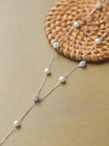 1pc S925 Silver Dainty Elegant Collarbone Necklace, Simple Yet Versatile, Unique Y-Shaped Necklace With Alternating Pearl & Rhinestone Ball Pendants, Ideal As Gift For Girlfriend Or Special Occasions Holiday - Silver - View 2