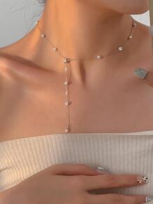 1pc S925 Silver Dainty Elegant Collarbone Necklace, Simple Yet Versatile, Unique Y-Shaped Necklace With Alternating Pearl & Rhinestone Ball Pendants, Ideal As Gift For Girlfriend Or Special Occasions Holiday - Silver - View 3