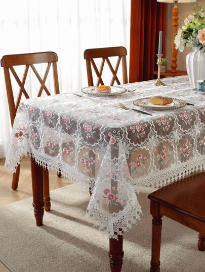 100% Polyester Fabric, Exquisite Embroidery Craftsmanship, Water-Soluble Embroidered Hollow Lace Trim, Square/Rectangular Tablecloth For Kitchen, Dining Table, Desk, Coffee Table, Vanity, Dresser Scarf, Home Decor, Floral Tablecloth For Living Room, Bedroom, Yard, Indoor/Outdoor, Camping, Villa, Holiday, Party, Cabinet, Family Gathering, Holiday Decoration, Party/Wedding Decorations, 1pc