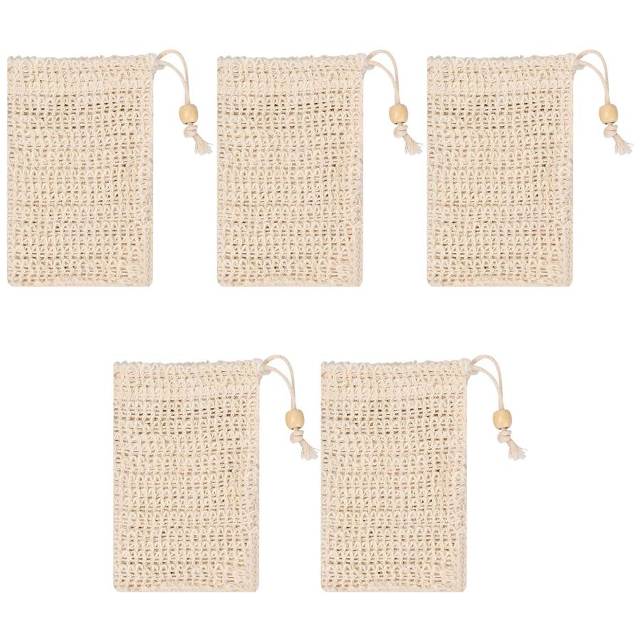 5入組帶抽繩肥皂袋，去角質網狀肥皂袋，天然纖維肥皂袋肥皂，劍麻肥皂袋肥皂節省劑，用於碎屑，起泡，肥皂，去角質，按摩，沐浴 - 杏色 - 查看 1