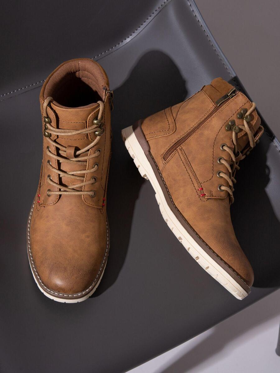SHOESMALL Men's Fashionable High Top Work Boots Motorcycle Combat Ankle Dress Boots Casual Boots For Men Valentine's Day Date Shoes - màu nâu - Xem 1