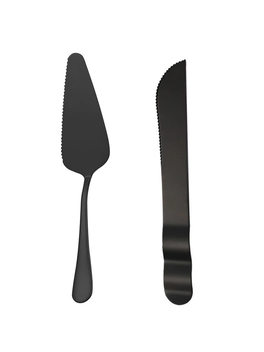 2pcs Black Solid Color Stainless Steel Cake Shovel & Dessert Knife Back To School - Black - View 1