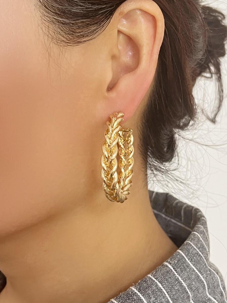1对女士时尚个性流行欧美风编织扭纹金色耳环 - 金黃色 - 查看 1