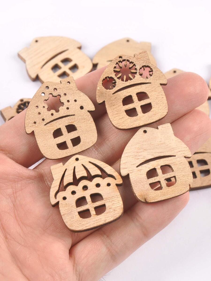 50入組3*3cm木製房屋形聖誕擺飾吊墜,隨機混搭中空木工藝品,適用於diy工藝