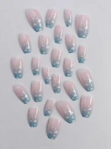 24入組短棺材形狀嬰兒藍色雲朵和星空圖案全面覆蓋假指甲套裝，輕鬆黏貼美甲工具，讓你更上一層樓 - 彩色 - 查看 3