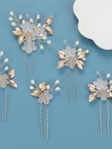 5入組花&人造珍珠裝飾婚禮髮夾