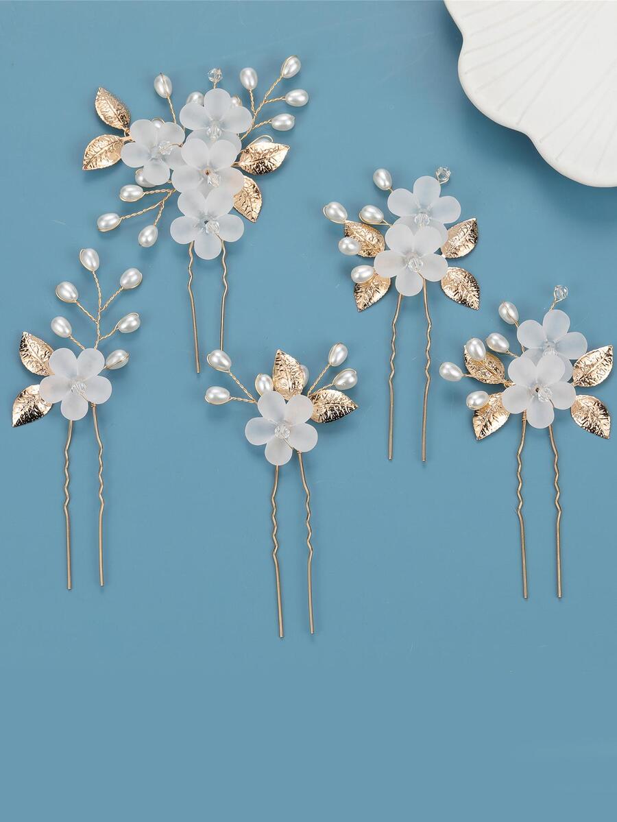 5入組花&人造珍珠裝飾婚禮髮夾