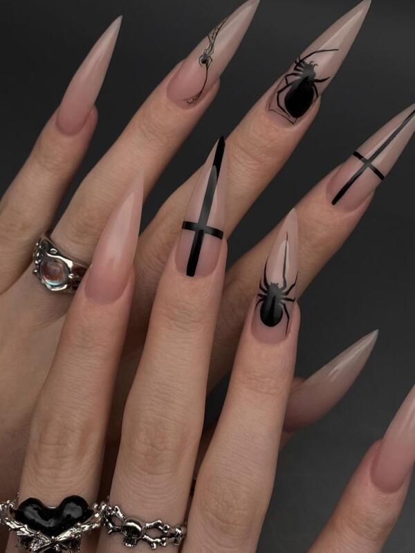 Kit de Manicure com 24 Peças de Unhas Postiças Estilo Gótico com Padrão de Aranhas em Estilo de Linha Longos e Stiletto que Elevam seu Estilo Y2K