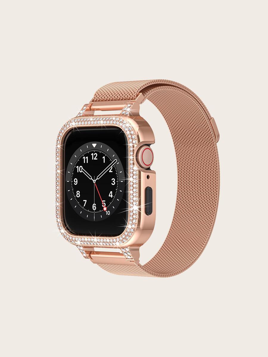 1入組不銹鋼錶帶和1入組水鑽裝飾鋅合金保護殼適用於Apple Watch - 玫瑰金 - 查看 1