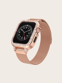 1入組不銹鋼錶帶和1入組水鑽裝飾鋅合金保護殼適用於Apple Watch - 玫瑰金 - 查看 3