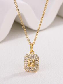 1入組不銹鋼項鏈帶M字母方晶鋯石方形吊墜 - 金黃色 - 查看 2
