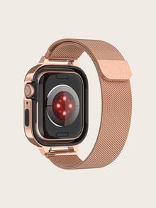 1入組不銹鋼錶帶和1入組水鑽裝飾鋅合金保護殼適用於Apple Watch - 玫瑰金 - 查看 2
