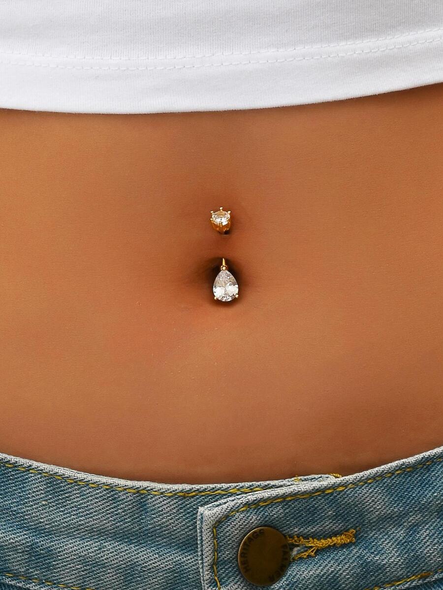 Rhinestone Water-drop Decor Navel Belly Ring - Yellow Gold - View 1