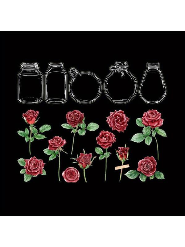 Rose & Glass Patterns Transparent Pet Stickers, For Diy Bottles, Dried