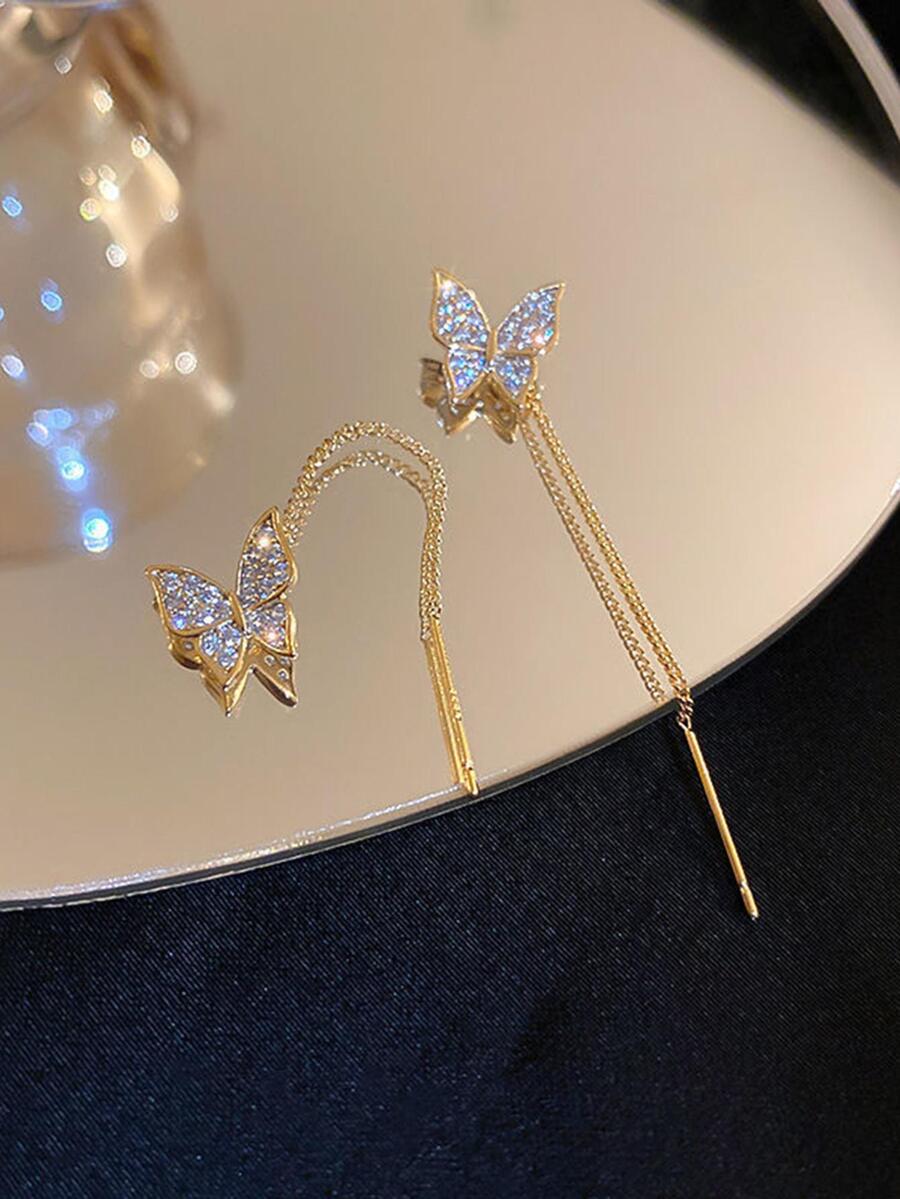2pcs Korean Style Sweet & Cool Alloy Long Tassel & Rhinestone Butterfly