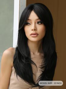 Pelucas negras en capas para mujer Peluca de pelo sintético recto largo medio negro con flequillo para uso diario en fiestas - Negro - Ver 5