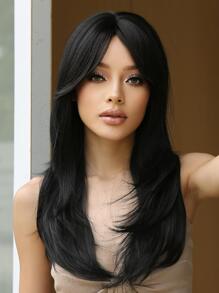 Pelucas negras en capas para mujer Peluca de pelo sintético recto largo medio negro con flequillo para uso diario en fiestas - Negro - Ver 1