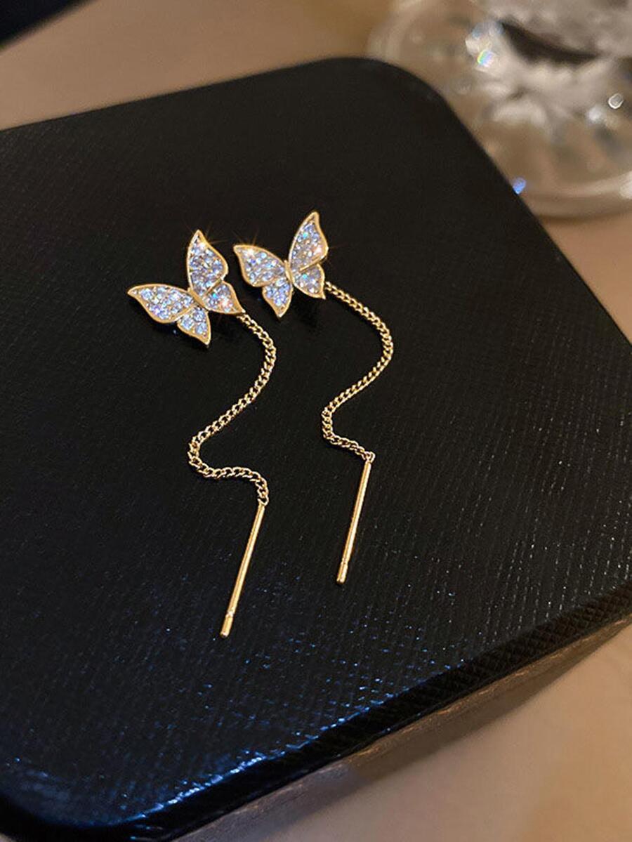 2pcs Korean Style Sweet & Cool Alloy Long Tassel & Rhinestone Butterfly