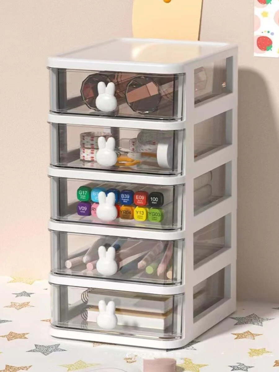 Trắng Năm lớp Hoạt hình Hộp lưu trữ máy tính để bàn Trong suốt Ngăn kéo Thỏ Hộp lưu trữ văn phòng phẩm - trắng - Xem 1