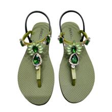 女性水鑽裝飾露跟T字帶涼鞋,魅力四射綠色塑膠平底涼鞋 - 橄欖綠 - 查看 1