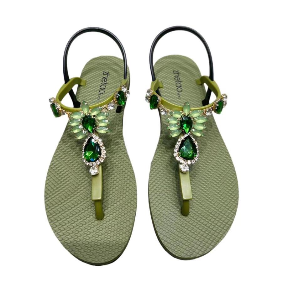 女性水鑽裝飾露跟T字帶涼鞋,魅力四射綠色塑膠平底涼鞋 - 橄欖綠 - 查看 1
