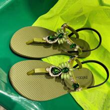 女性水鑽裝飾露跟T字帶涼鞋,魅力四射綠色塑膠平底涼鞋 - 橄欖綠 - 查看 5