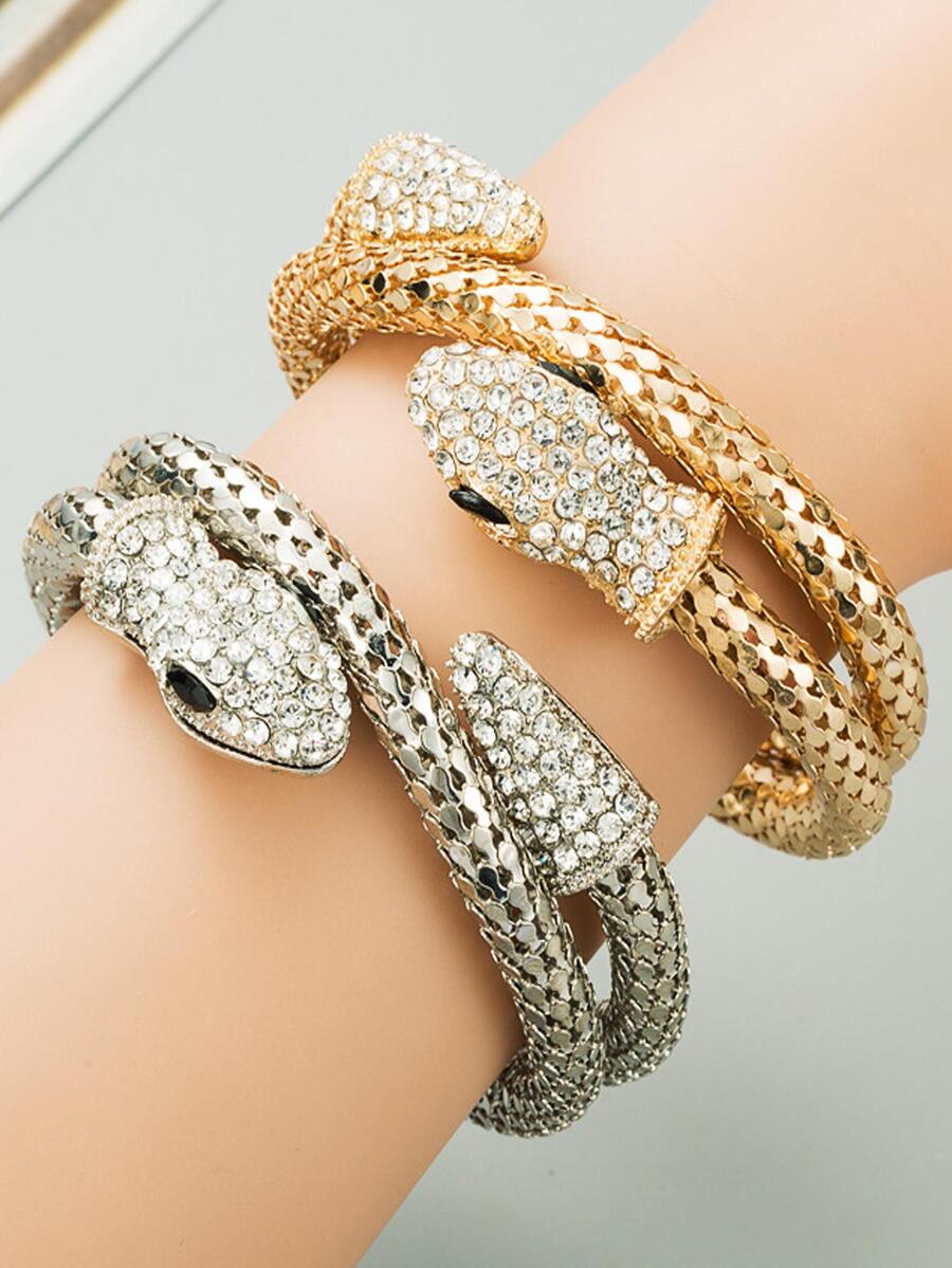 Rhinestone Decor Snake Design Cuff Bangle - Silver - View 1