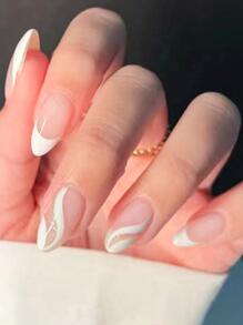 Nâng tầm phong cách của bạn với 24 chiếc màu trắng sữa xoáy kiểu Pháp dài hạnh nhân sọc Full Cover Bộ móng tay giả - Nhiều màu - Xem 1