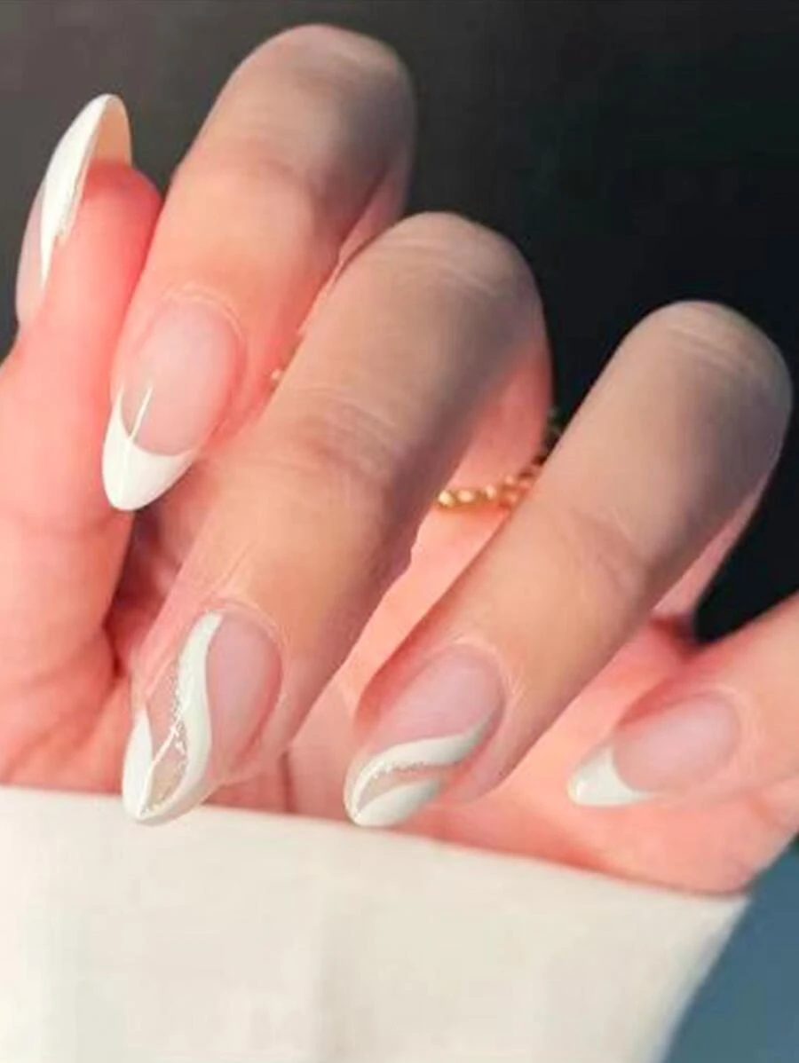 Nâng tầm phong cách của bạn với 24 chiếc màu trắng sữa xoáy kiểu Pháp dài hạnh nhân sọc Full Cover Bộ móng tay giả - Nhiều màu - Xem 1