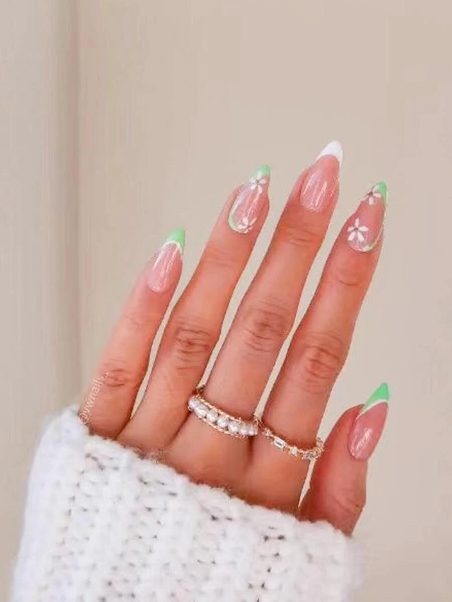 Elevate Your Style With 24pcs Pastel Green French Tip False Nails, Long Almond Flower Pattern Full Cover Fake Nail Kit - Multicolor - View 1