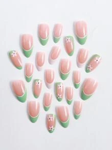 Elevate Your Style With 24pcs Pastel Green French Tip False Nails, Long Almond Flower Pattern Full Cover Fake Nail Kit - Multicolor - View 2